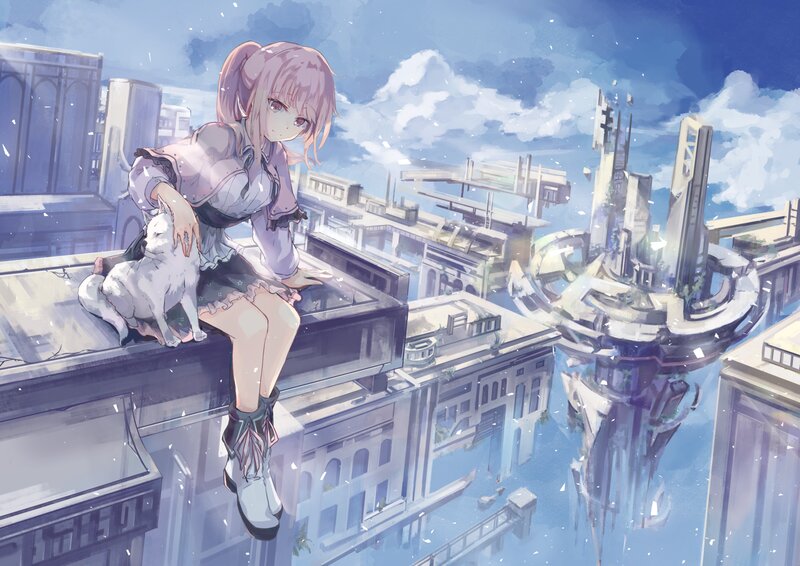 Anime Girl with Cat — Blue, Serene, Afternoon, Digital Art, Cityscape
