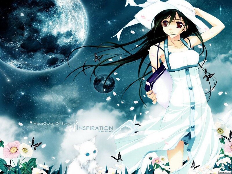 Anime Girl with Cat — Blue, Serene, Night, Moon, Butterflies
