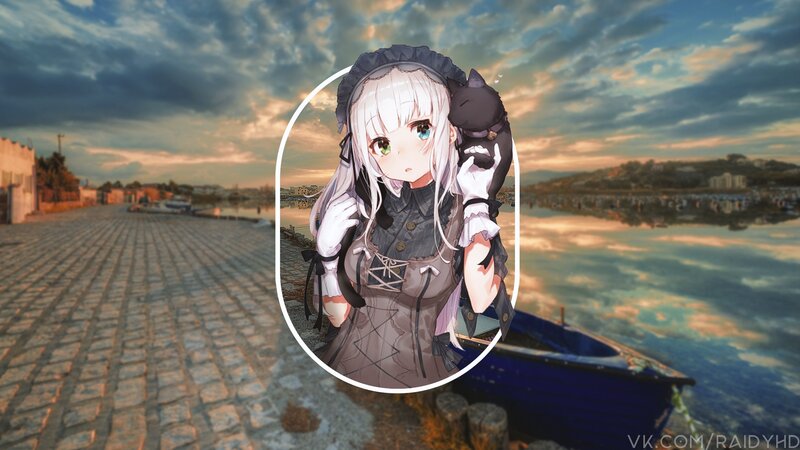 Anime Girl with Cat — Blue, Serene, Sunset
