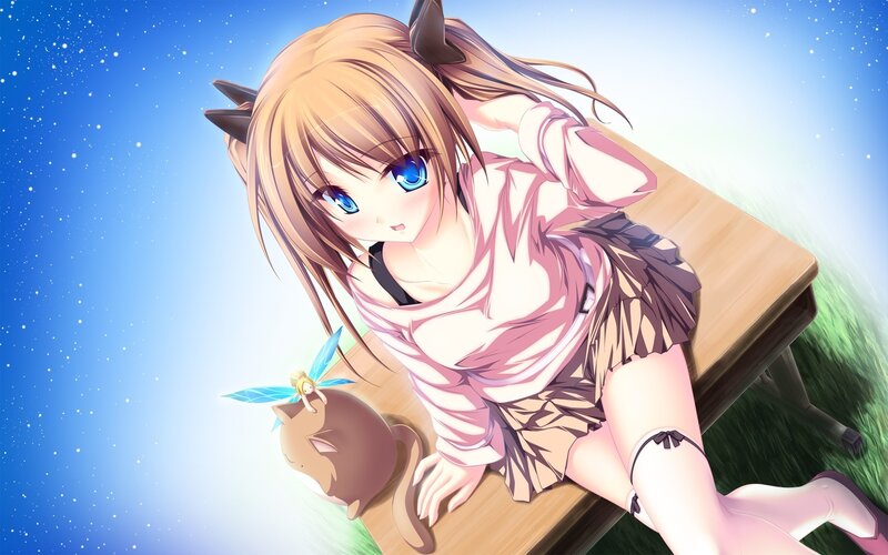 Anime Girl with Cat — Blue, Serene