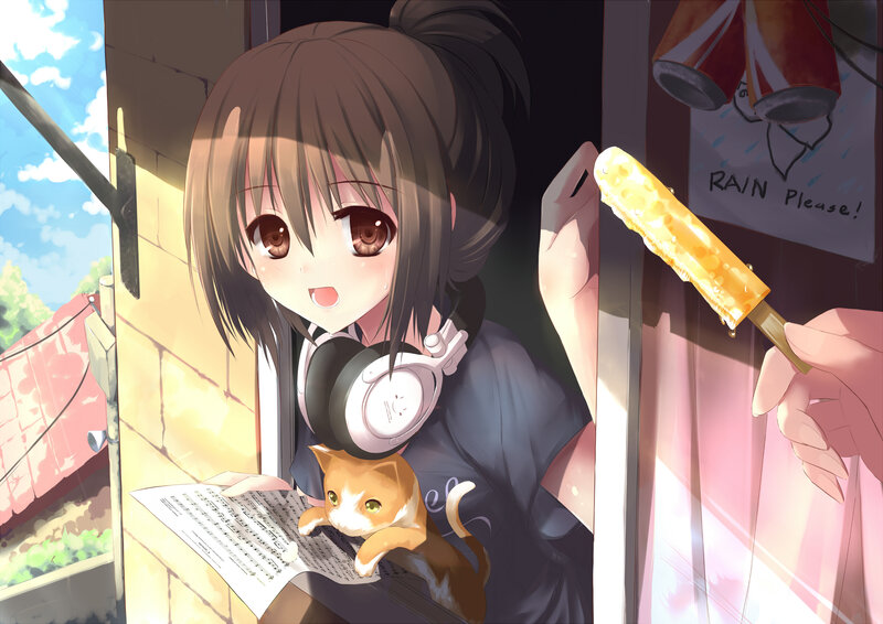 Anime Girl with Cat — Brown, Calm
