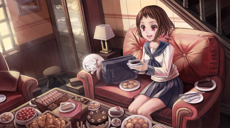 Anime Girl with Cat — Brown, Cozy