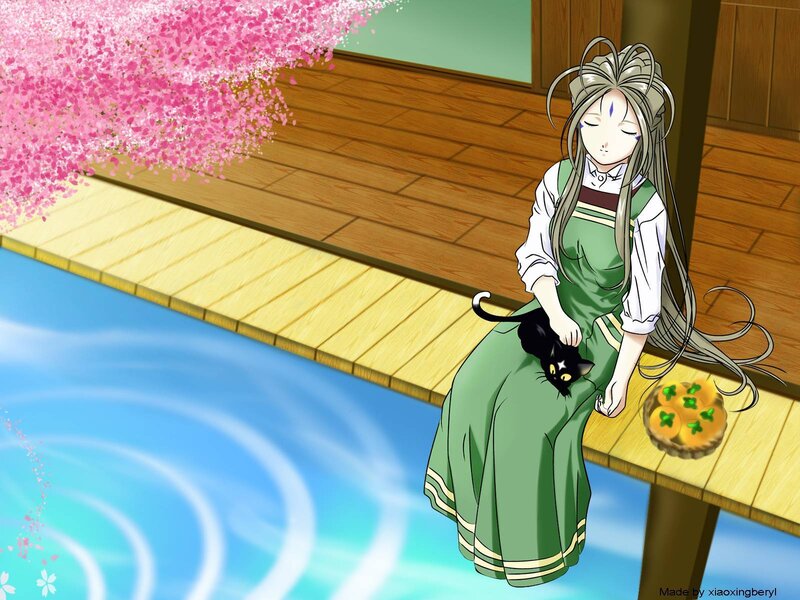 Anime girl with cat by pond