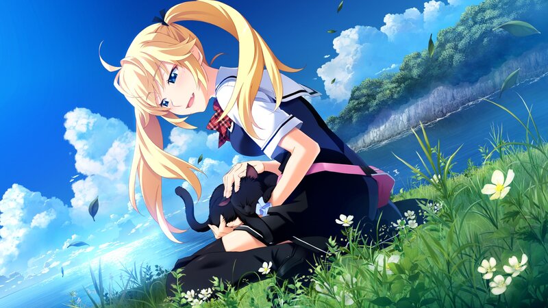 Anime girl with cat by the sea