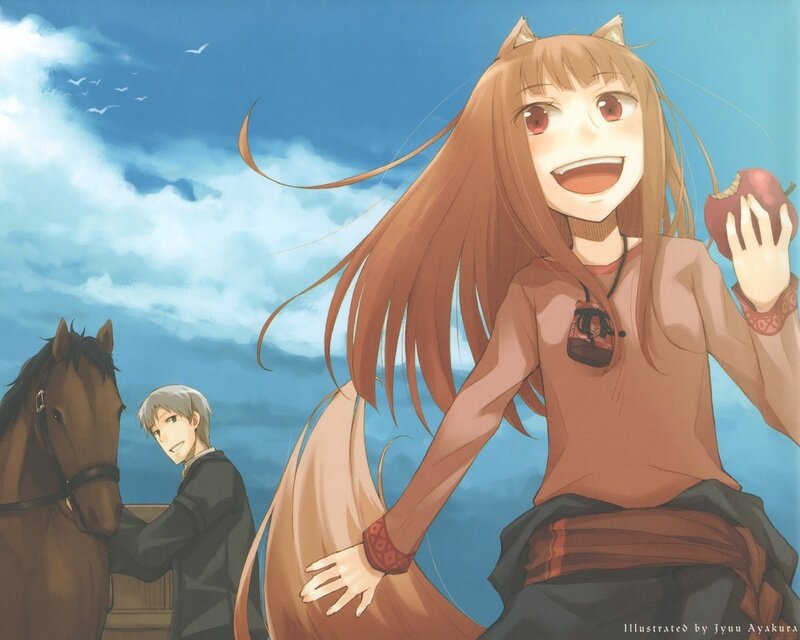 Anime girl with cat ears and apple