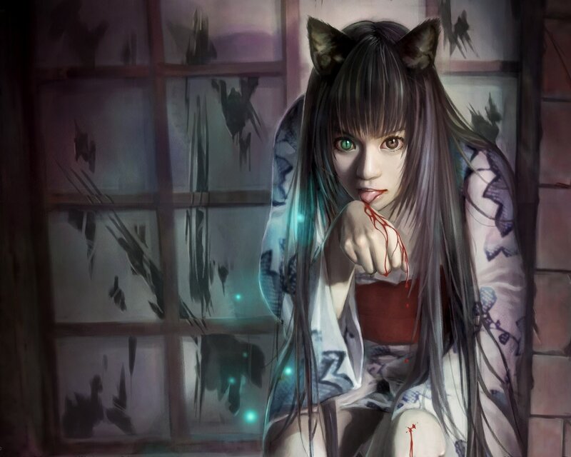 anime girl with cat ears and blood