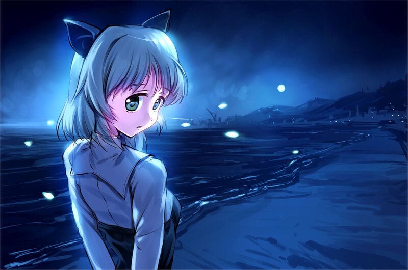 anime girl with cat ears at night