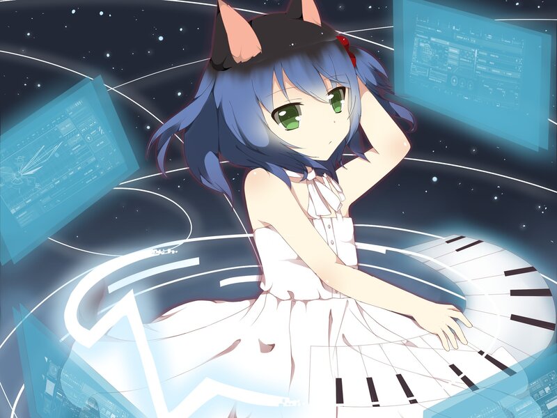 anime girl with cat ears at piano