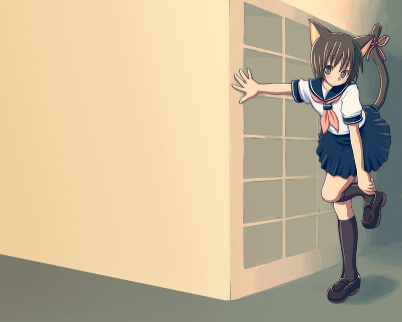 Anime Girl with Cat Ears — Beige, Playful