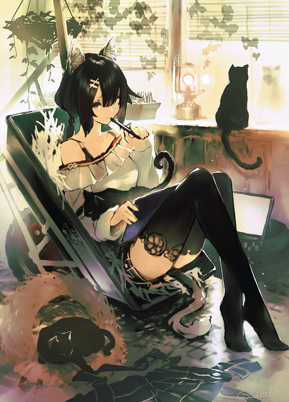 Anime Girl with Cat Ears — Black, Calm, Afternoon, Digital Art