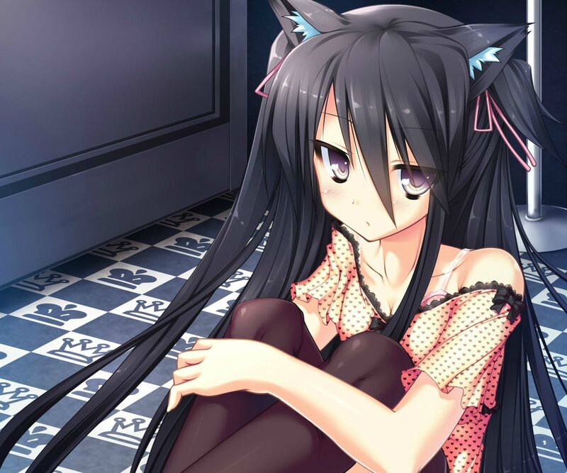 Anime Girl with Cat Ears — Black, Calm, Cat Ears, Checkered Floor
