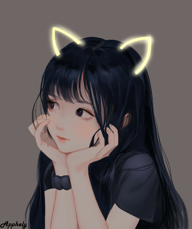 Anime Girl with Cat Ears — Black, Calm, Digital Art, Cat Ears, Long Hair