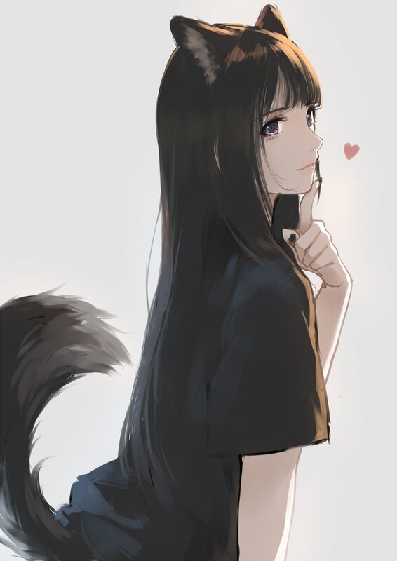 Anime Girl with Cat Ears — Black, Calm, Digital Art, Cat Ears, Tail