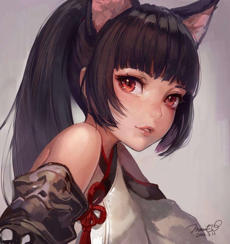 Anime Girl with Cat Ears — Black, Calm, Digital Art, Cat Ears