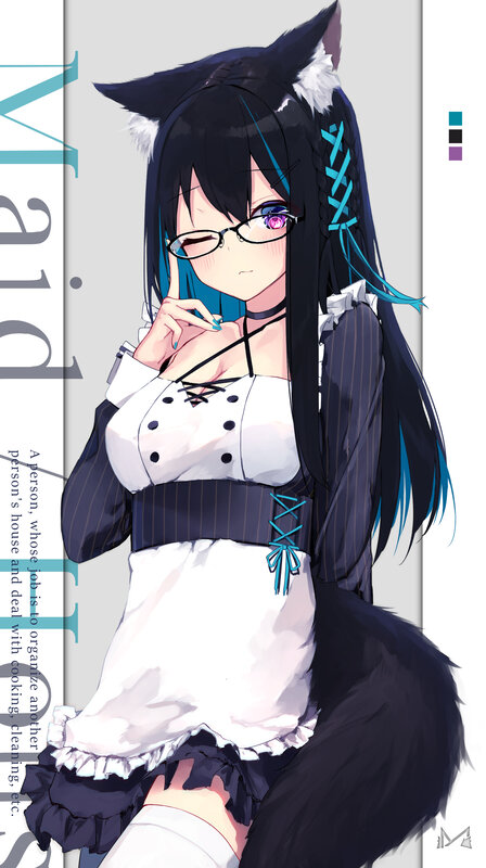 Anime Girl with Cat Ears — Black, Calm, Digital Art, Glasses