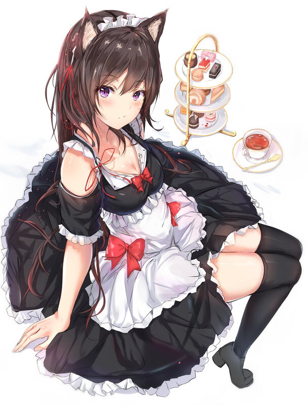 Anime Girl with Cat Ears — Black, Calm, Digital Art, Tea Set
