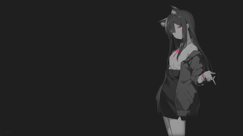 Anime Girl with Cat Ears — Black, Dark, Digital Art, Cat Ears
