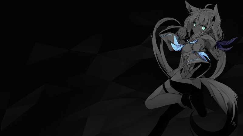 Anime Girl with Cat Ears — Black, Dark, Night, Digital Art, Cat Ears, Tail, Glowing Eyes