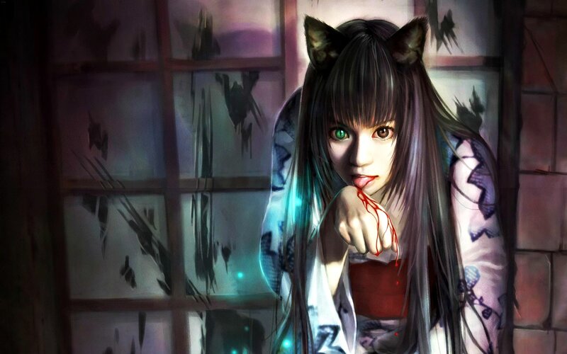 Anime Girl with Cat Ears — Black, Dark, Night, Digital Art