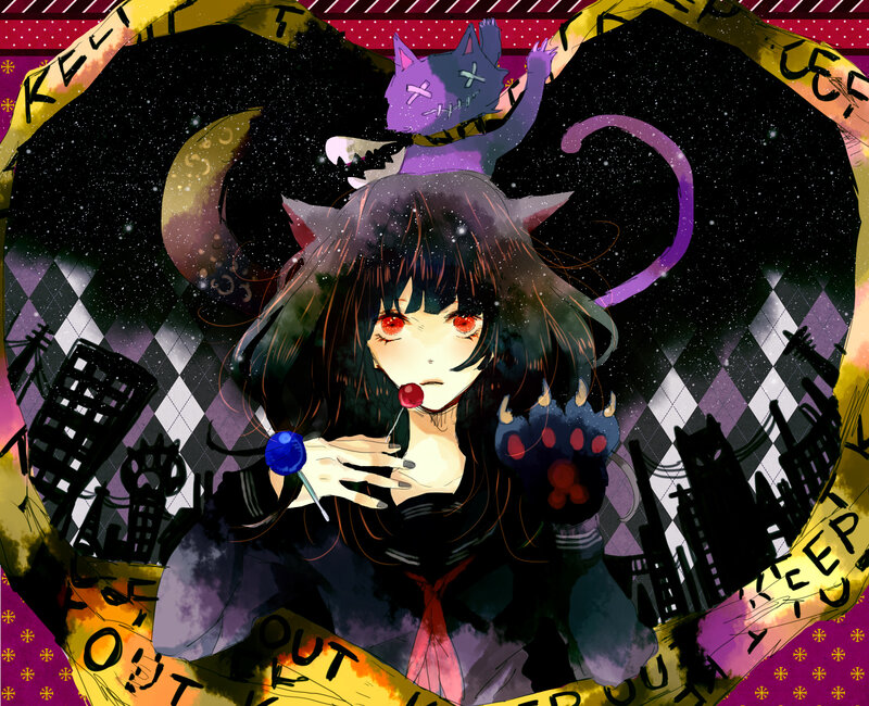 Anime Girl with Cat Ears — Black, Dark, Night