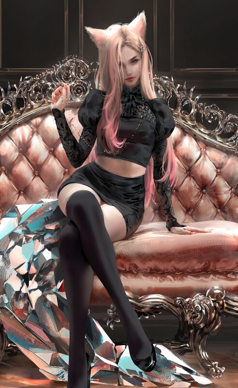 Anime Girl with Cat Ears — Black, Dramatic, Digital Art, Cat Ears, Black Outfit