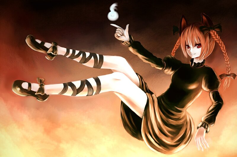 Anime Girl with Cat Ears — Black, Dramatic, Digital Art, Cat Ears, Braids