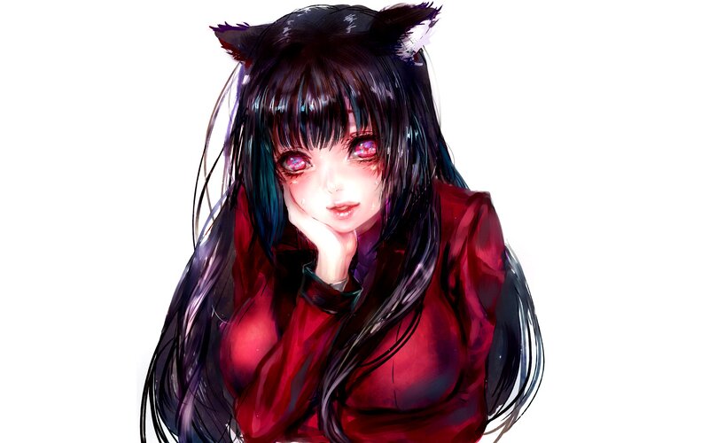 Anime Girl with Cat Ears — Black, Dramatic, Digital Art, Cat Ears, Long Hair