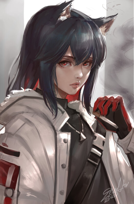 Anime Girl with Cat Ears — Black, Dramatic, Digital Art, Cat Ears, Red Eyes