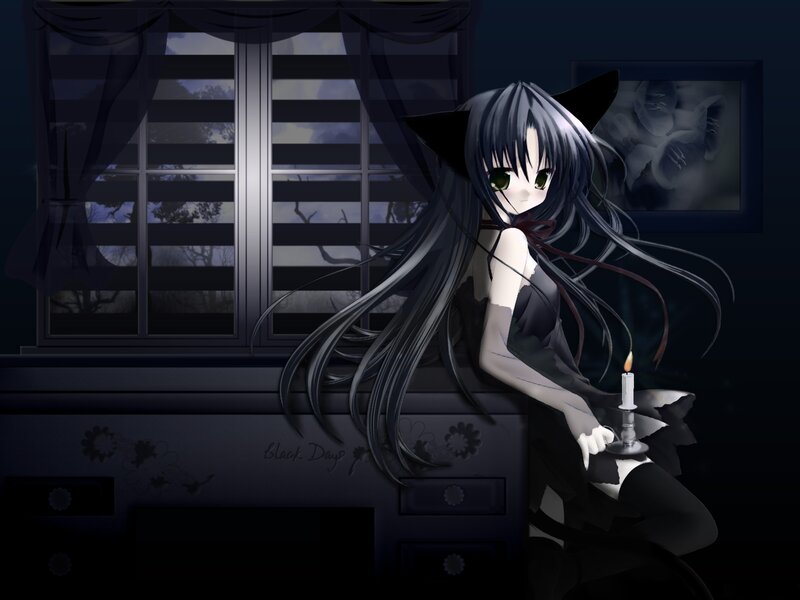 Anime Girl with Cat Ears — Black, Dramatic, Night, Digital Art, Candle
