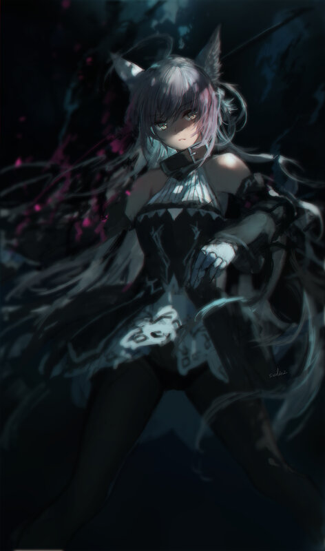 Anime Girl with Cat Ears — Black, Dramatic, Night, Digital Art, Cat Ears, Dark Background