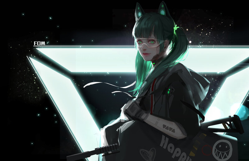 Anime Girl with Cat Ears — Black, Dramatic, Night, Digital Art, Cat Ears, Green Hair