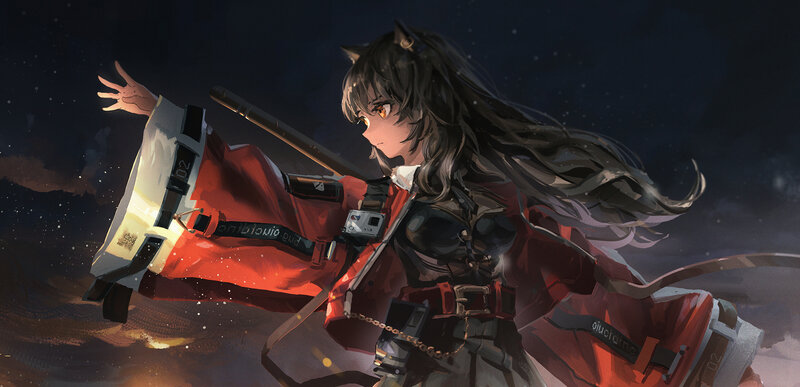 Anime Girl with Cat Ears — Black, Dramatic, Night, Digital Art, Cat Ears, Red Coat