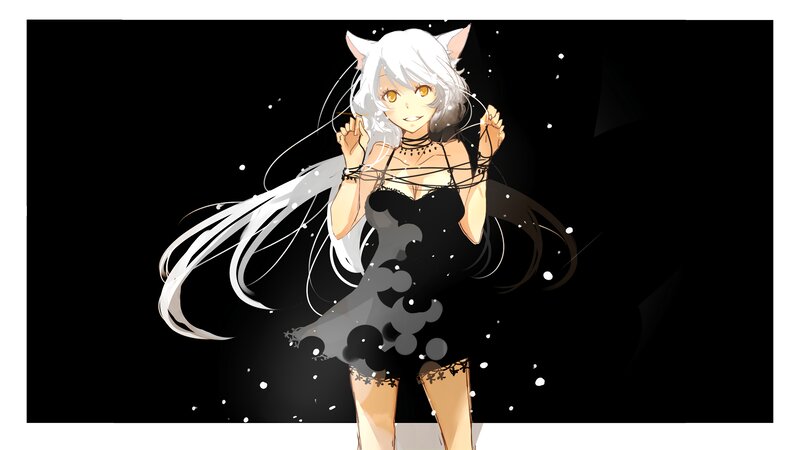 Anime Girl with Cat Ears — Black, Dramatic, Night, Digital Art, Cat Ears, White Hair