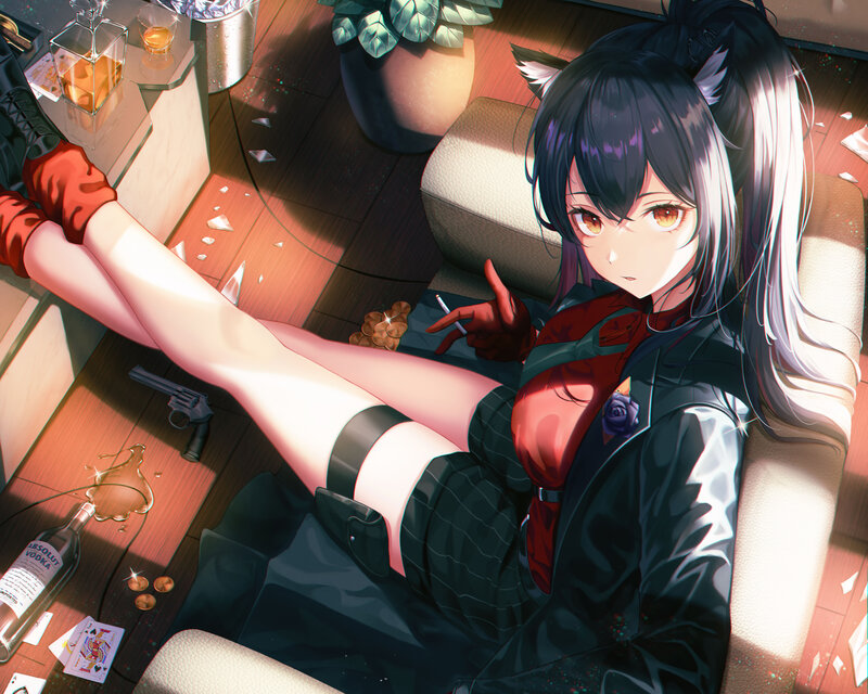 Anime Girl with Cat Ears — Black, Dramatic, Night, Digital Art, Cigarette, Gun