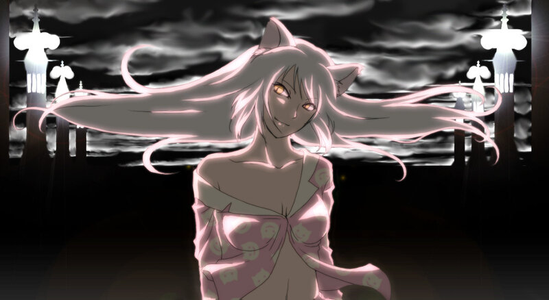 Anime Girl with Cat Ears — Black, Dramatic, Night