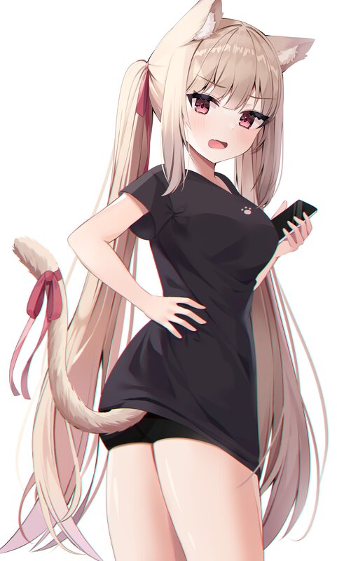 Anime Girl with Cat Ears — Black, Neutral, Digital Art, Cat Ears, Tail