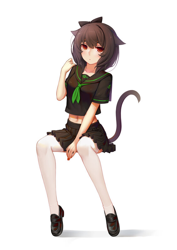 Anime Girl with Cat Ears — Black, Neutral, Digital Art, Cat Tail