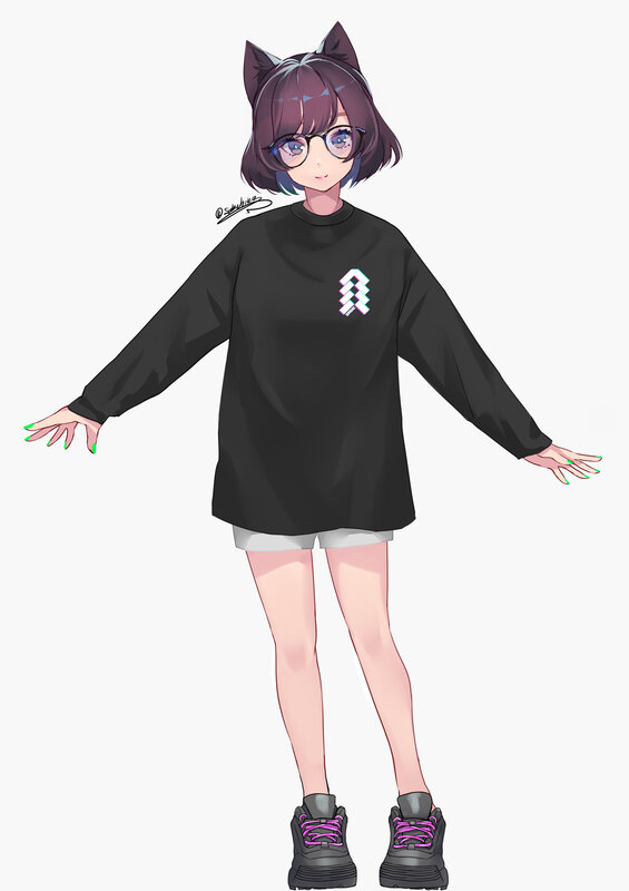 Anime Girl with Cat Ears — Black, Neutral, Digital Art, Glasses