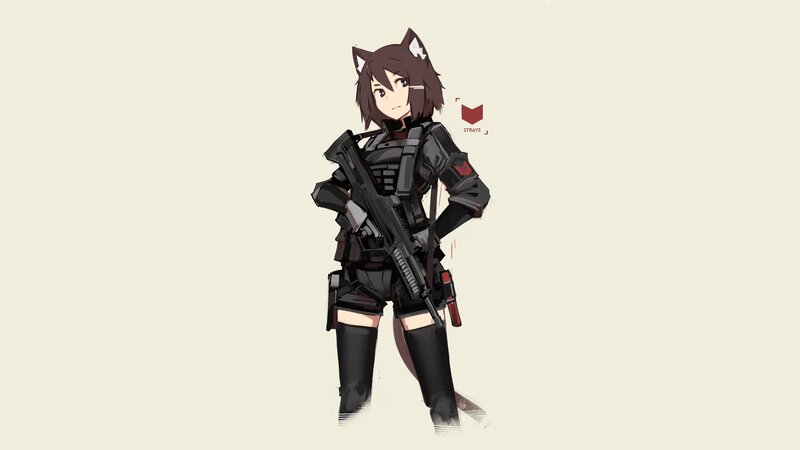 Anime Girl with Cat Ears — Black, Neutral, Digital Art, Gun