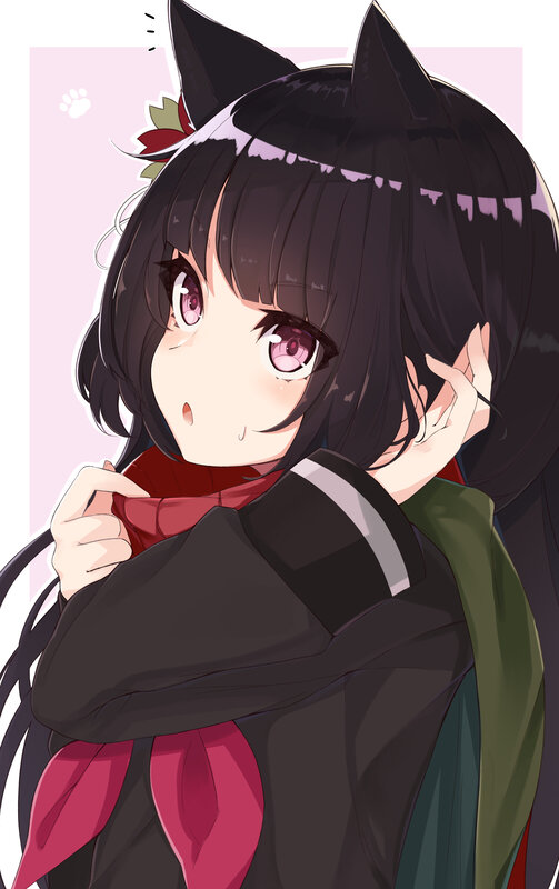 Anime Girl with Cat Ears — Black, Playful, Cat Ears, Scarf