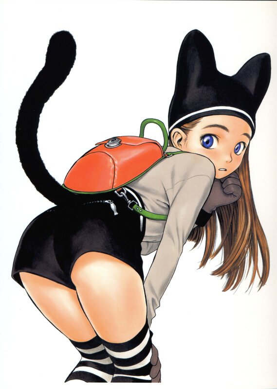 Anime Girl with Cat Ears — Black, Playful, Manga, Cat Ears, Tail, Backpack