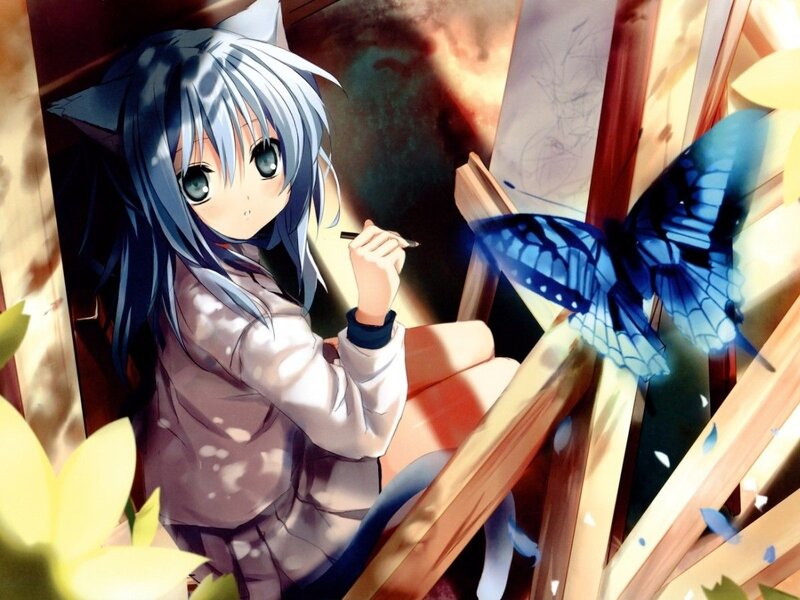 Anime Girl with Cat Ears — Blue, Calm, Afternoon, Butterfly