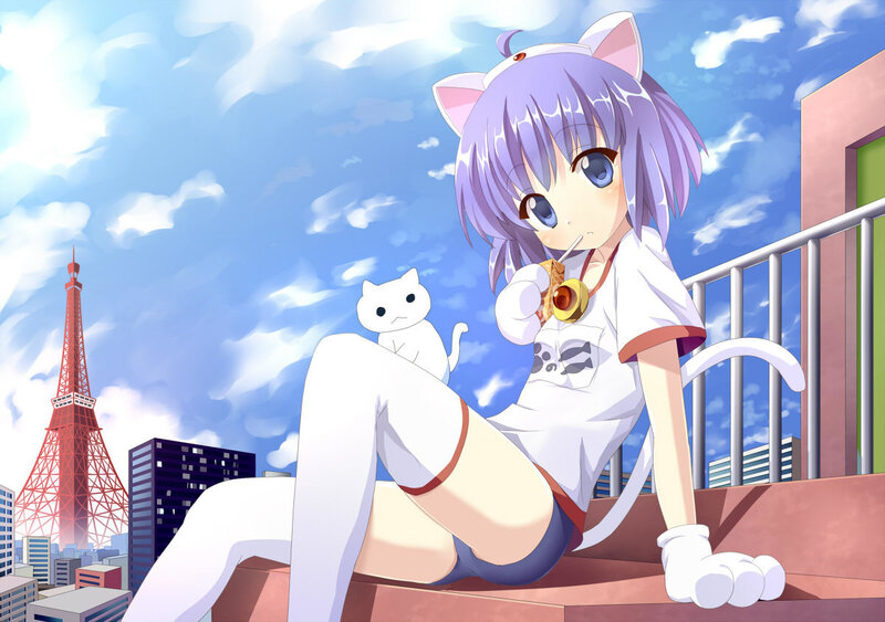Anime Girl with Cat Ears — Blue, Calm, Afternoon, Tokyo Tower
