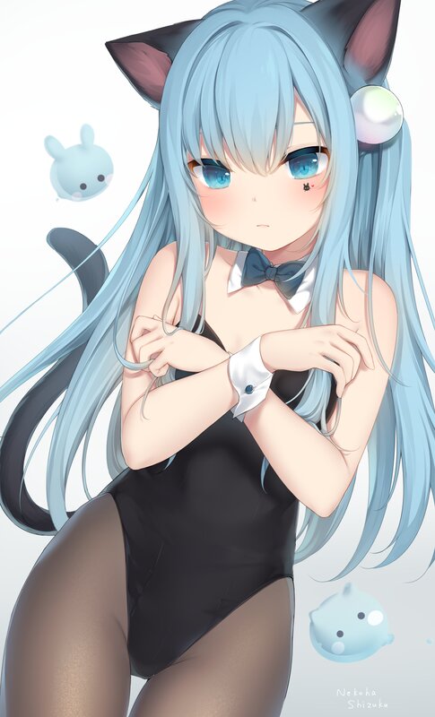 Anime Girl with Cat Ears — Blue, Calm, Digital Art, Cat Ears, Tail