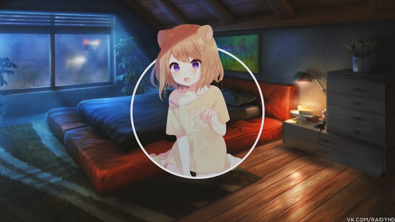 Anime Girl with Cat Ears — Blue, Calm, Night, Digital Art, Bed