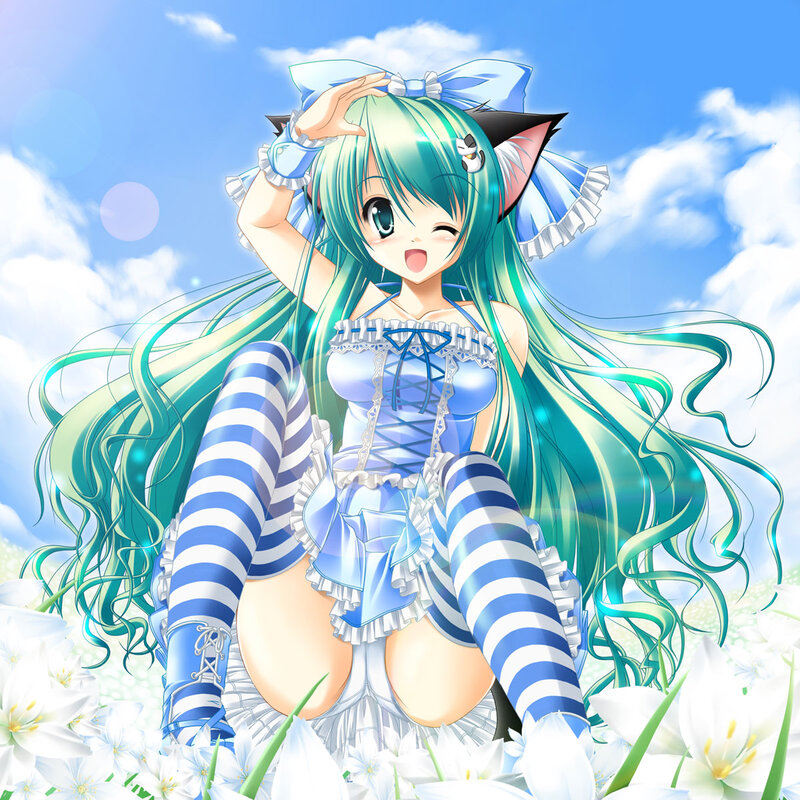 Anime Girl with Cat Ears — Blue, Cheerful, Afternoon, Cat Ears