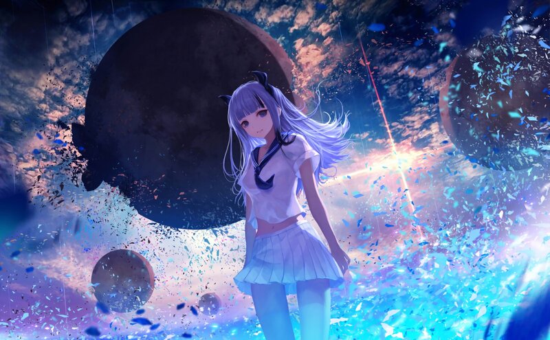 Anime Girl with Cat Ears — Blue, Dramatic, Digital Art, Cat Ears, School Uniform