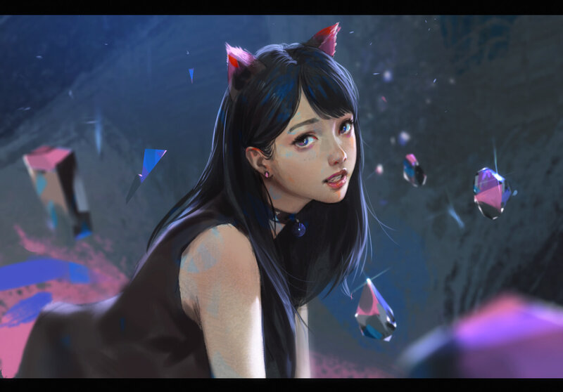 Anime Girl with Cat Ears — Blue, Dramatic, Night, Digital Art, Cat Ears, Crystals