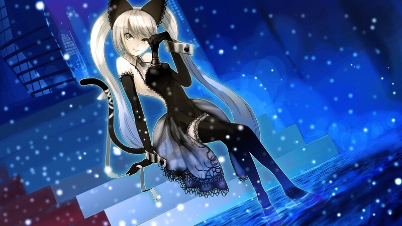 Anime Girl with Cat Ears — Blue, Dramatic, Night, Digital Art