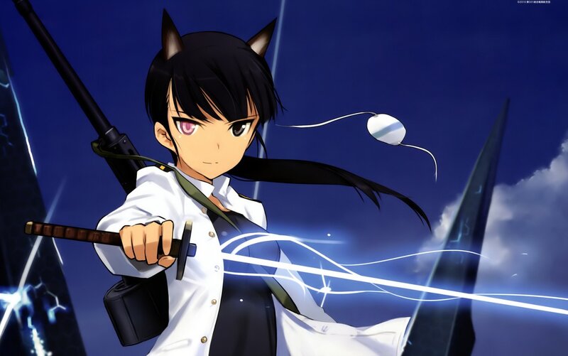 Anime Girl with Cat Ears — Blue, Dramatic, Night, Sword